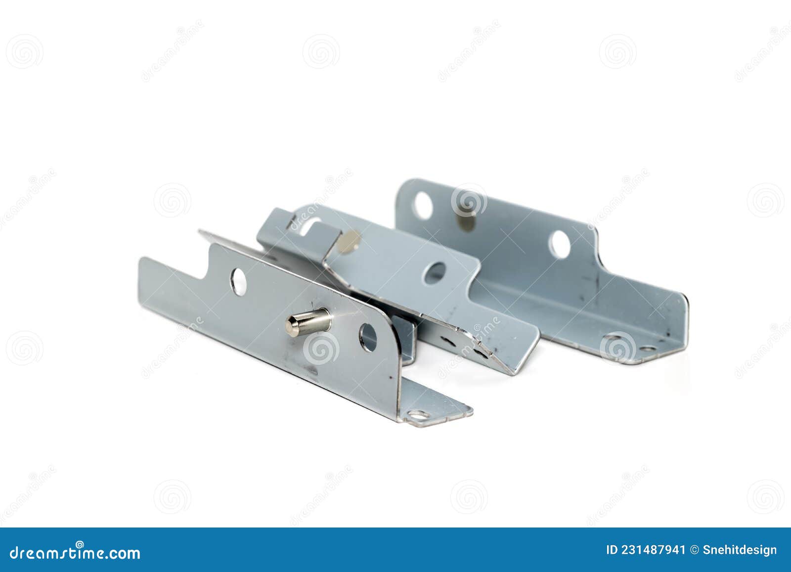 three metal brackets with shiny metal pins
