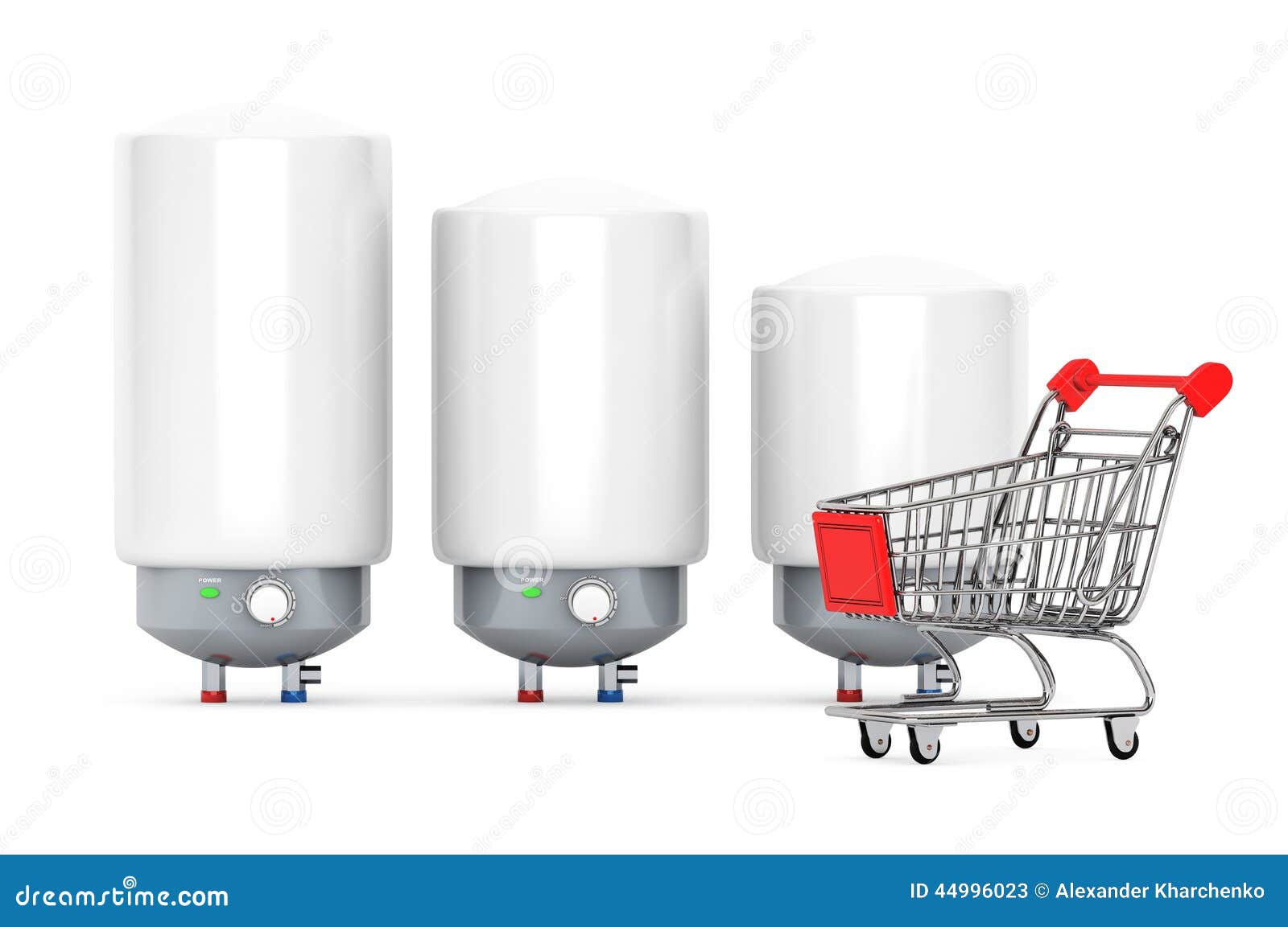 Three Modern Automatic Water Heaters with Shopping Cart Stock Image