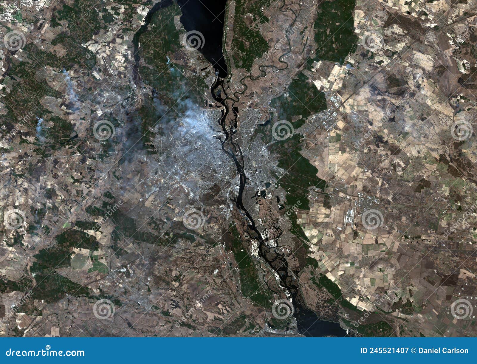 a satellite map of kiev, ukraine and surroundings shows smoke from multiple fires. based on modified esa data.