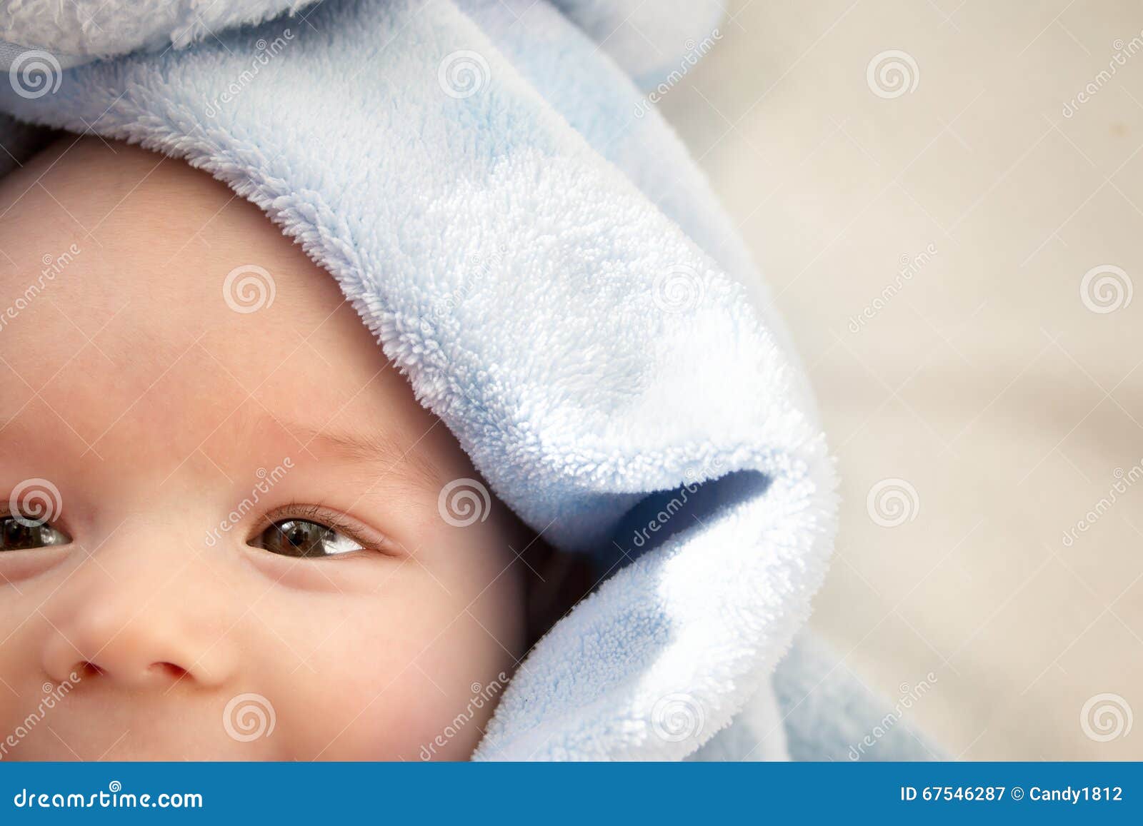 Three Month Old Baby Wrapped in Blue Blanket Stock Image Image of