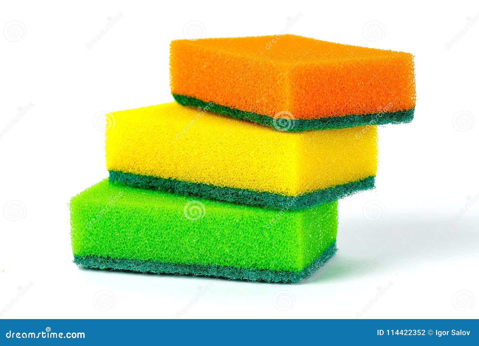Three Multicolored Sponges for Washing Dishes on White Background