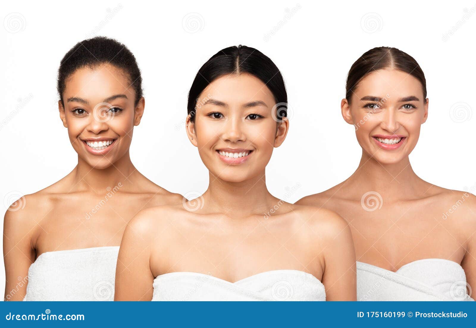 Young diverse women wearing underwear standing on beige showing