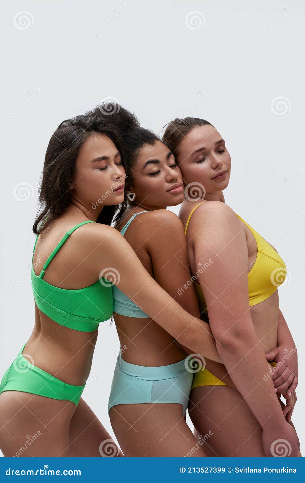 Three Multiethnic Young Women with Different Body Types in Colorful  Underwear Embracing Each Other while Posing Together Stock Image - Image of  posing, diet: 213527399