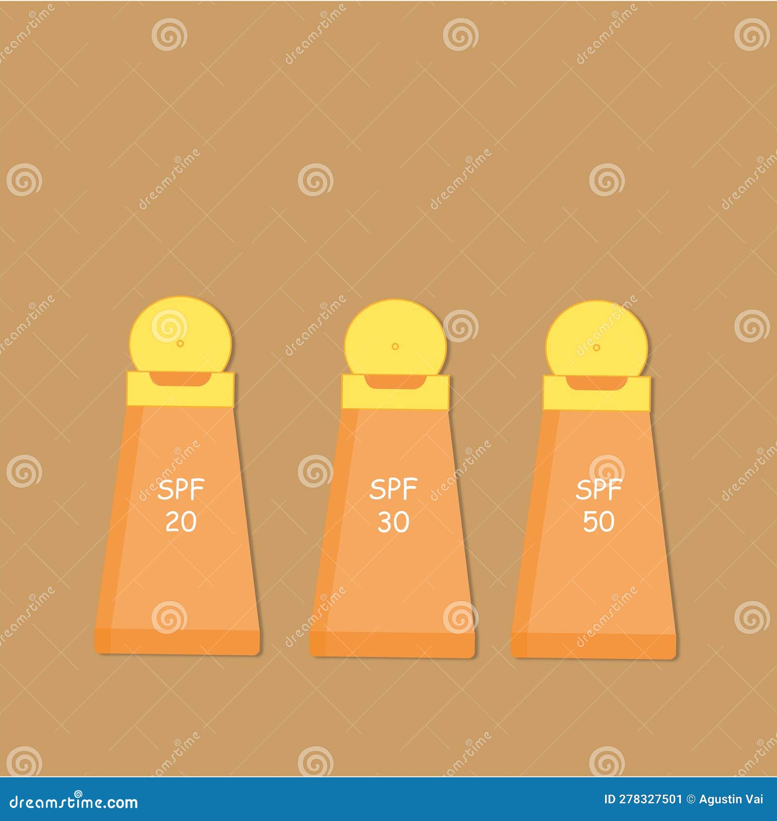 Three Open Suntan Lotion Bottles with SPF Numbers on a White Background Three Open Suntan Lotion Bottles with SPF Numbers on a White Background