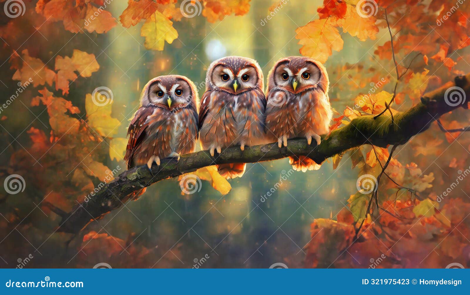 three owls on a branch amid autumn leaves