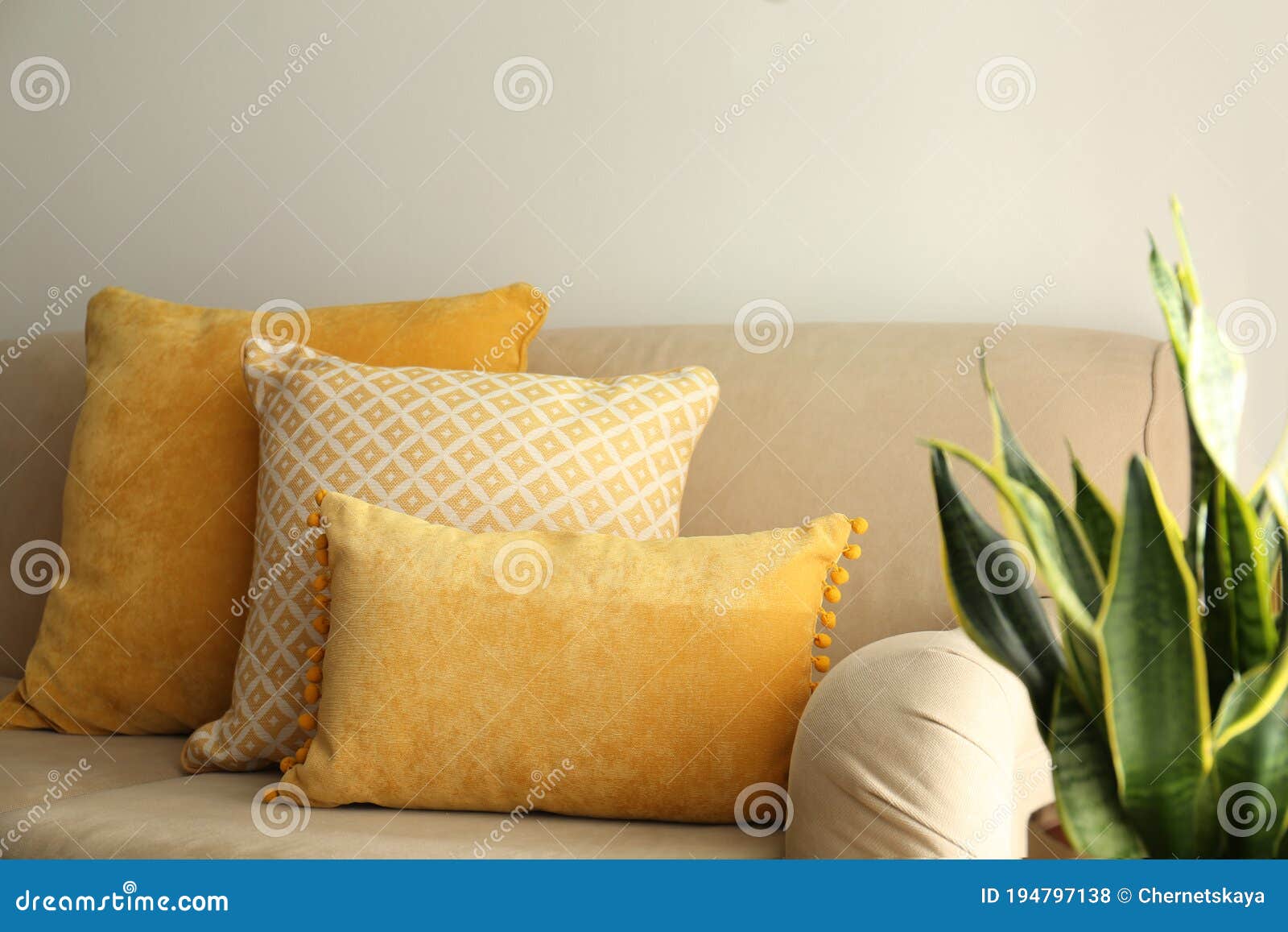 Three Pillows on Sofa Near Wall. Interior Design Stock Photo Image of