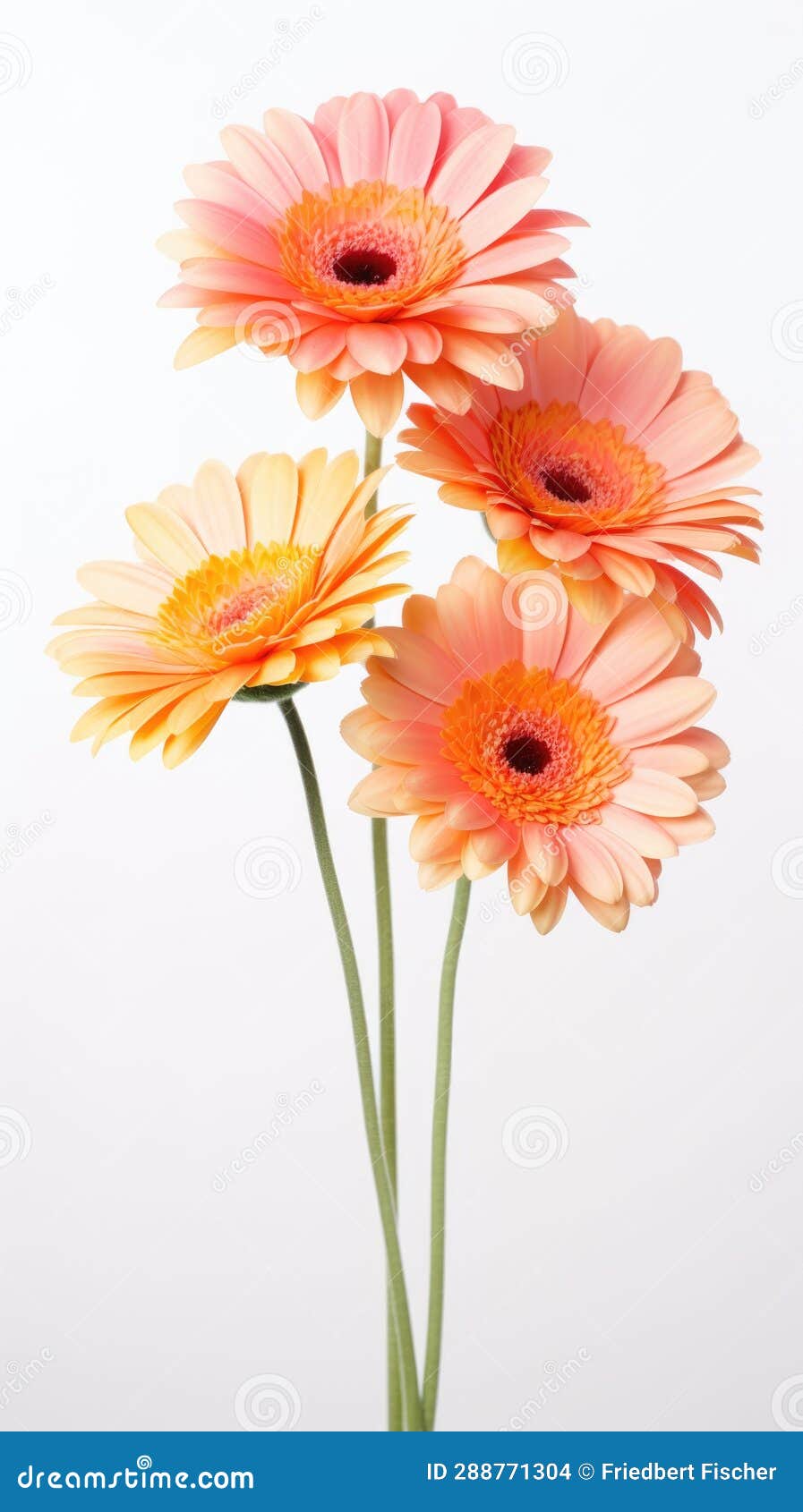 Three Pink and Orange Flowers in a Vase. Stock Photo Image of green