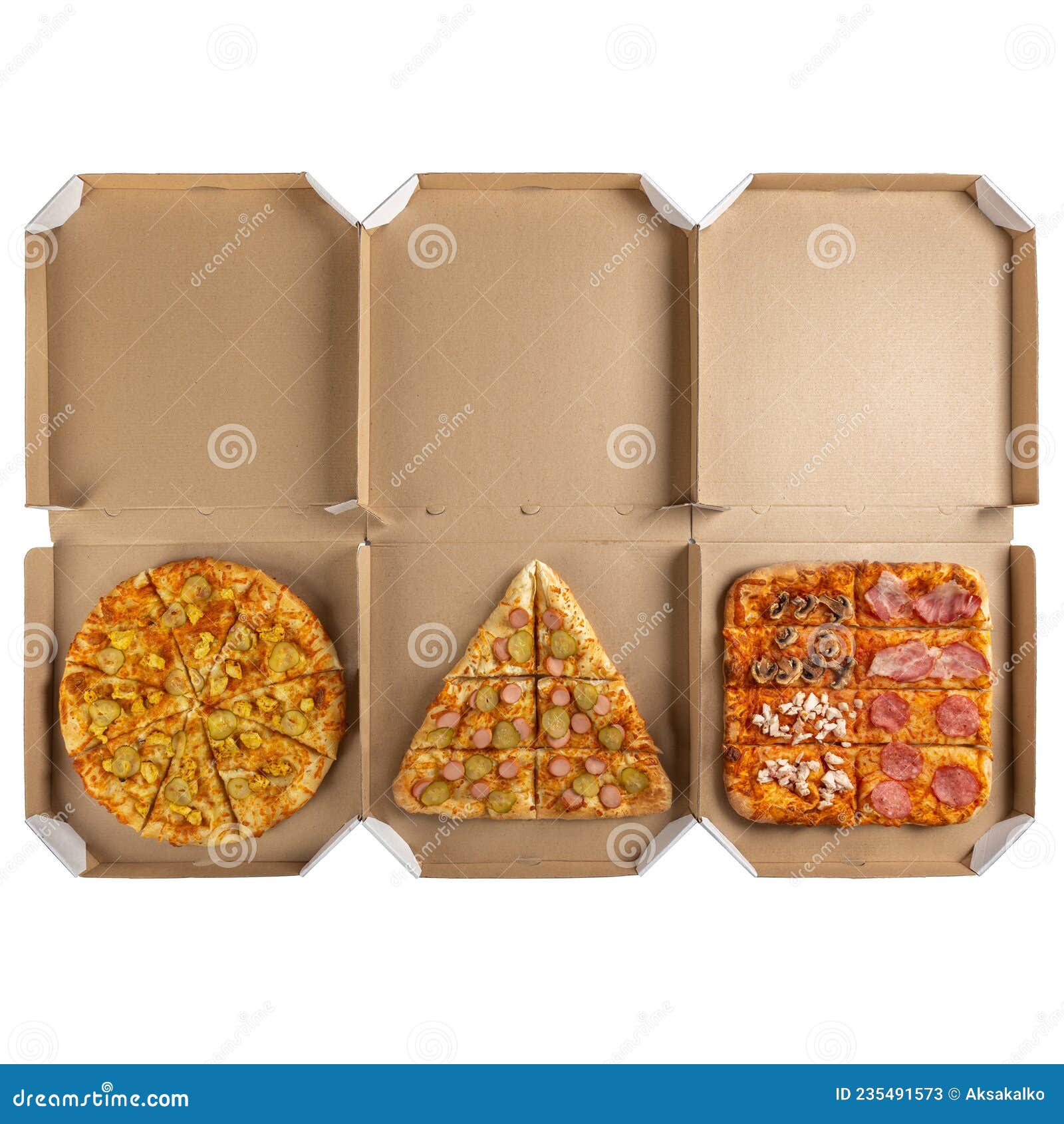 Three Pizza Boxes of Round, Triangular and Square Shape Stock Image
