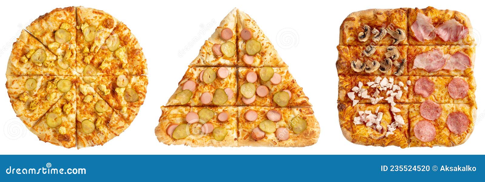 Three Pizzas in the Shape of a Circle, Triangle and Square Stock Photo Image of group, dinner
