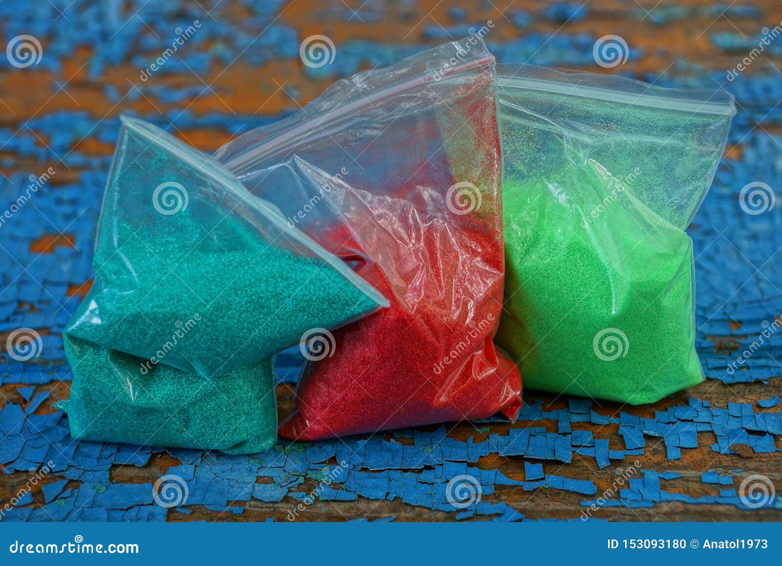 Plastic Bags with Colored Sand on the Blue Table Stock Photo Image of