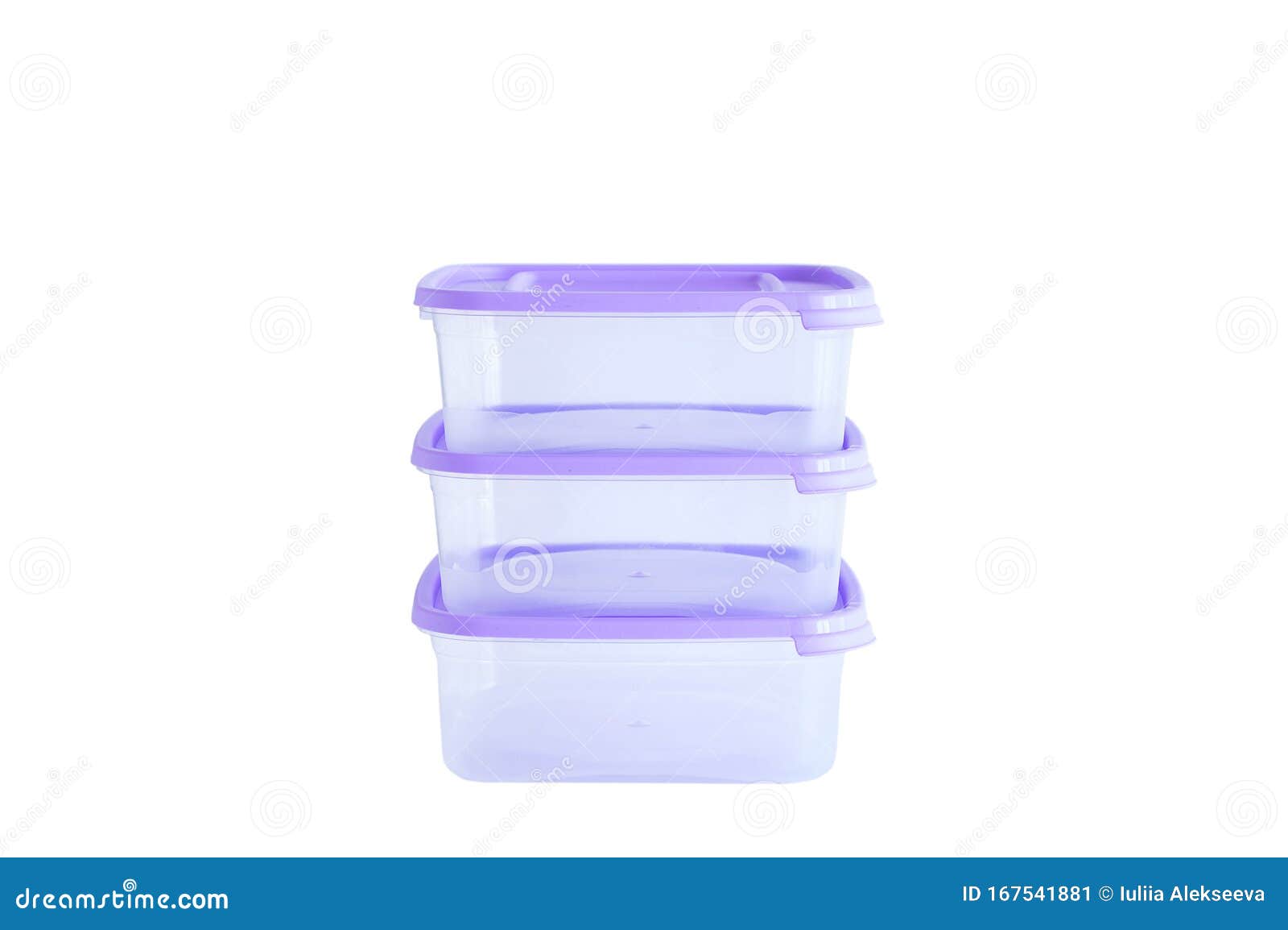 Three Plastic Transparent Food Containers with a Purple Lid..isolate