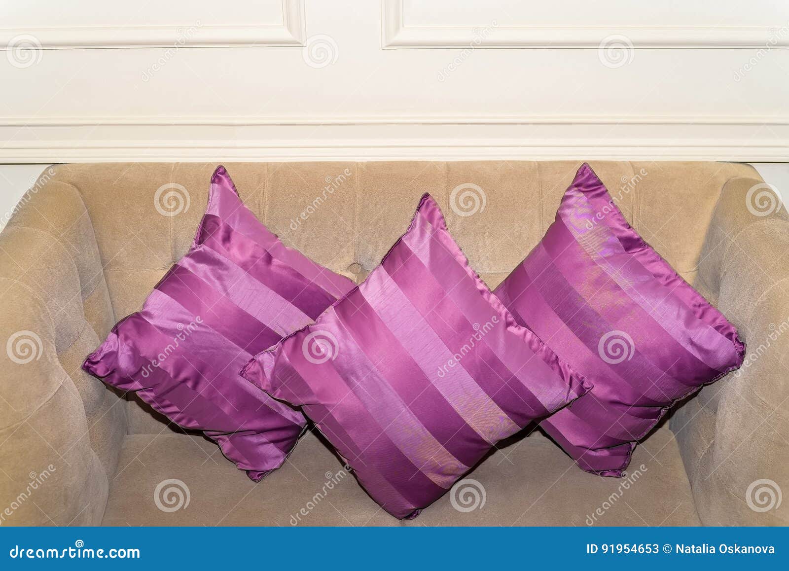 Three Purple Pillows Lying on the Sofa Stock Image Image of chair