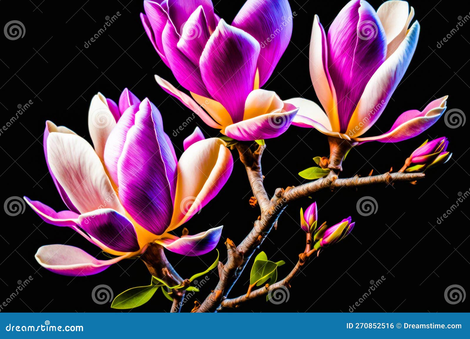 Three Purple and White Flowers on Tree Branch Generative AI. Stock