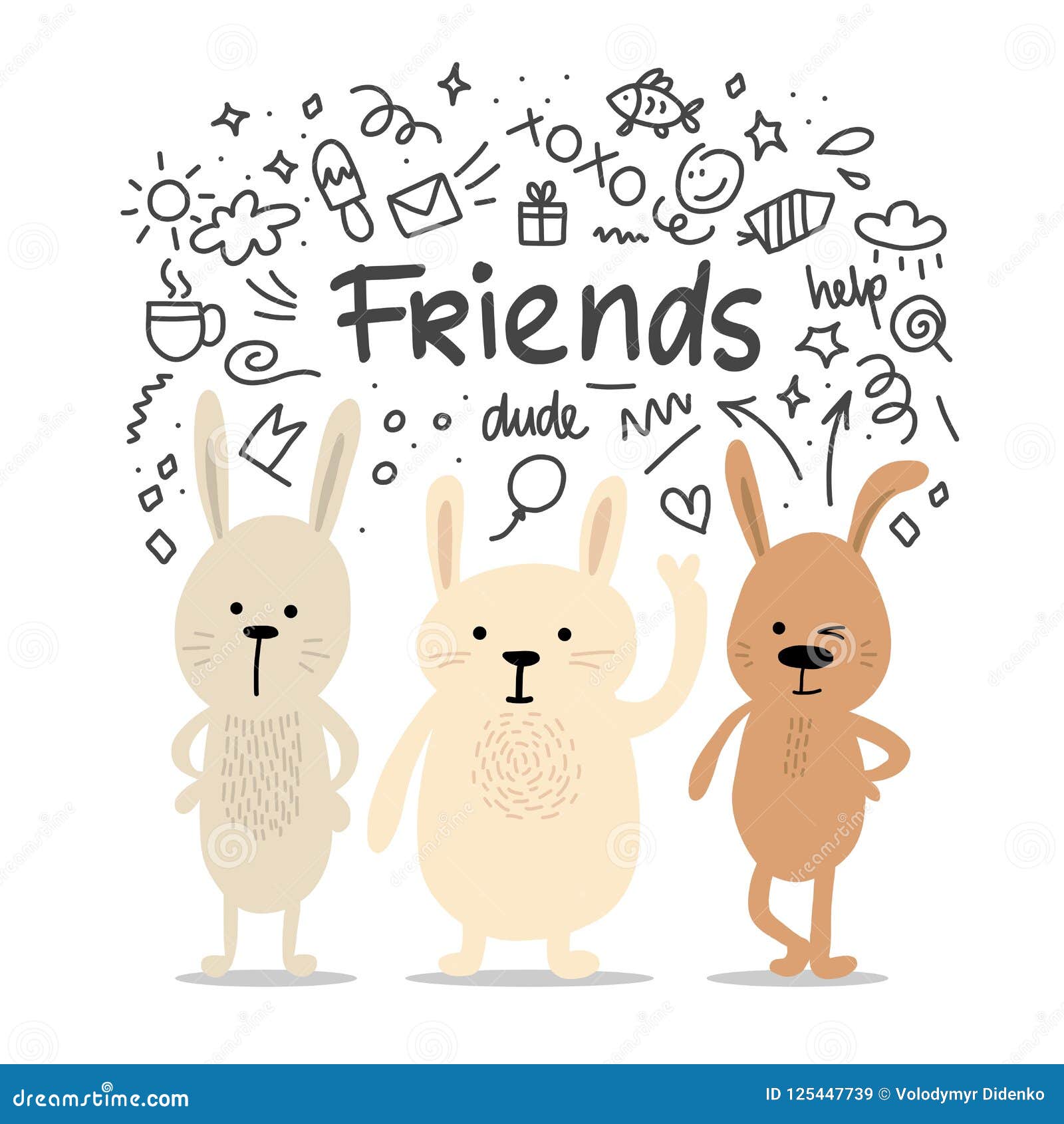 Three Rabbits Friends Vector Cute Flat Illustration. Cartoon Funny  Illustration Friendship Card Stock Vector - Illustration of black, animal:  125447739