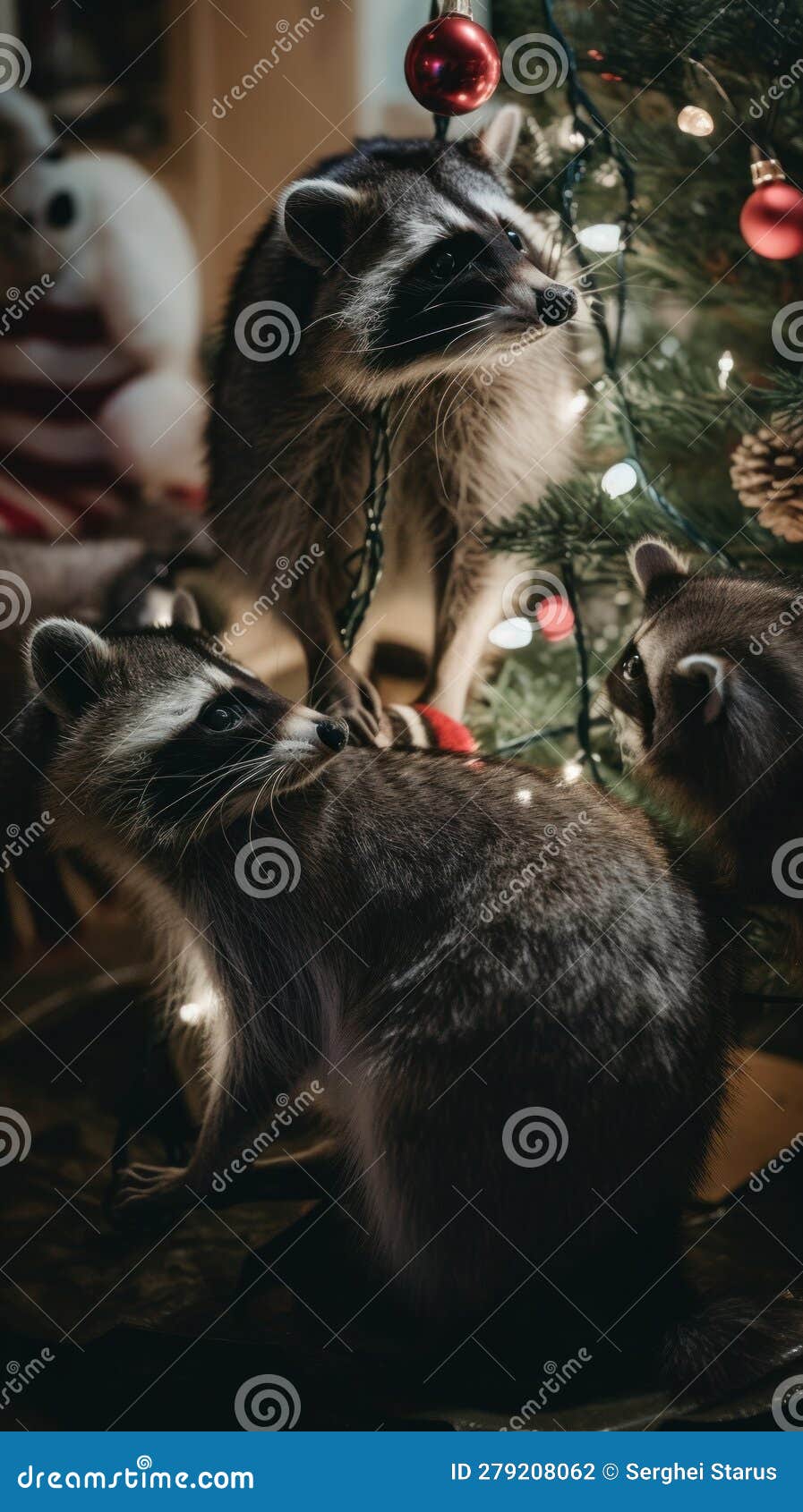 Three Raccoons are Standing in Front of a Christmas Tree. Generative AI Image. Stock