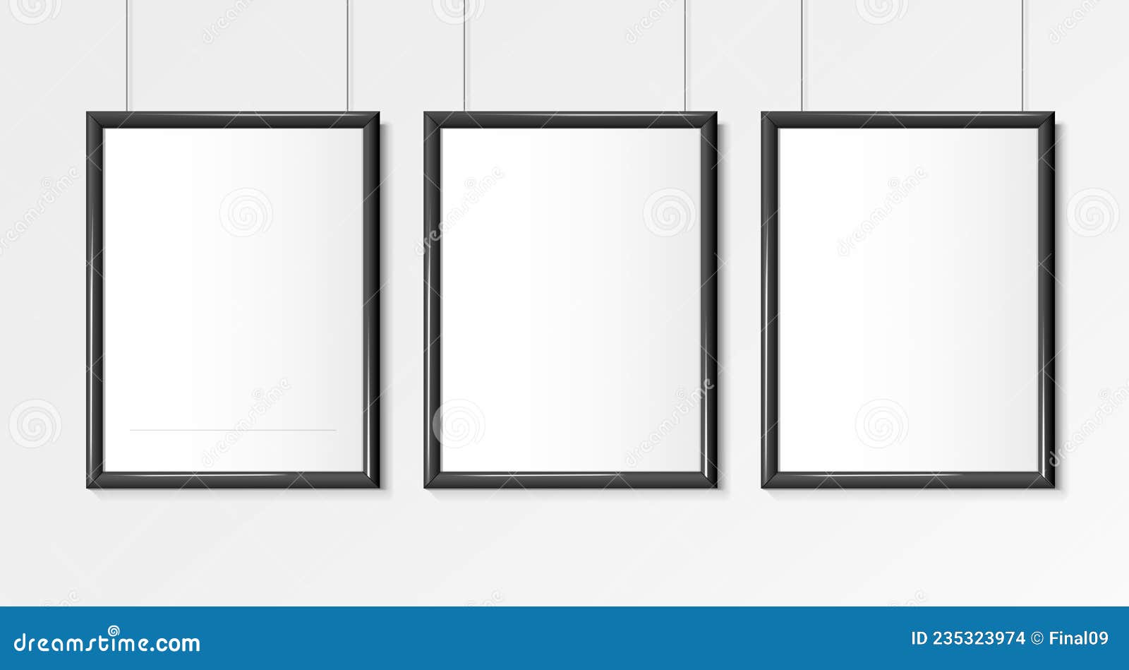 Three Realistic Black Vertical A4 Frames. Posters on Wall Mockup Stock