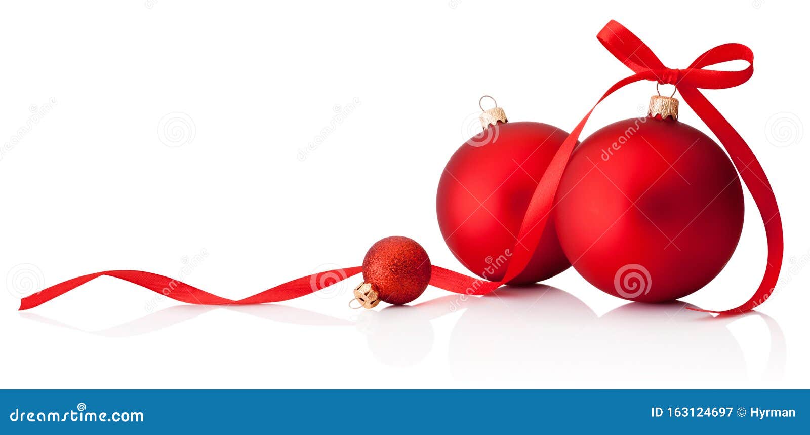 three red christmas baubles with ribbon bow  on white background