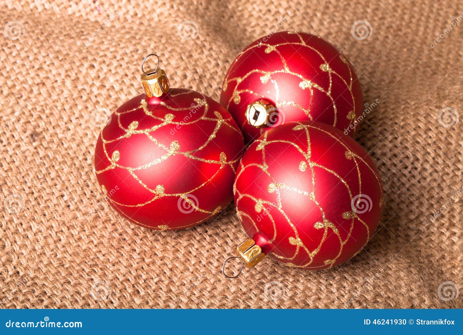 Three Red Christmas Tree Ball on Sacking Stock Photo Image of celebration, decoration 46241930