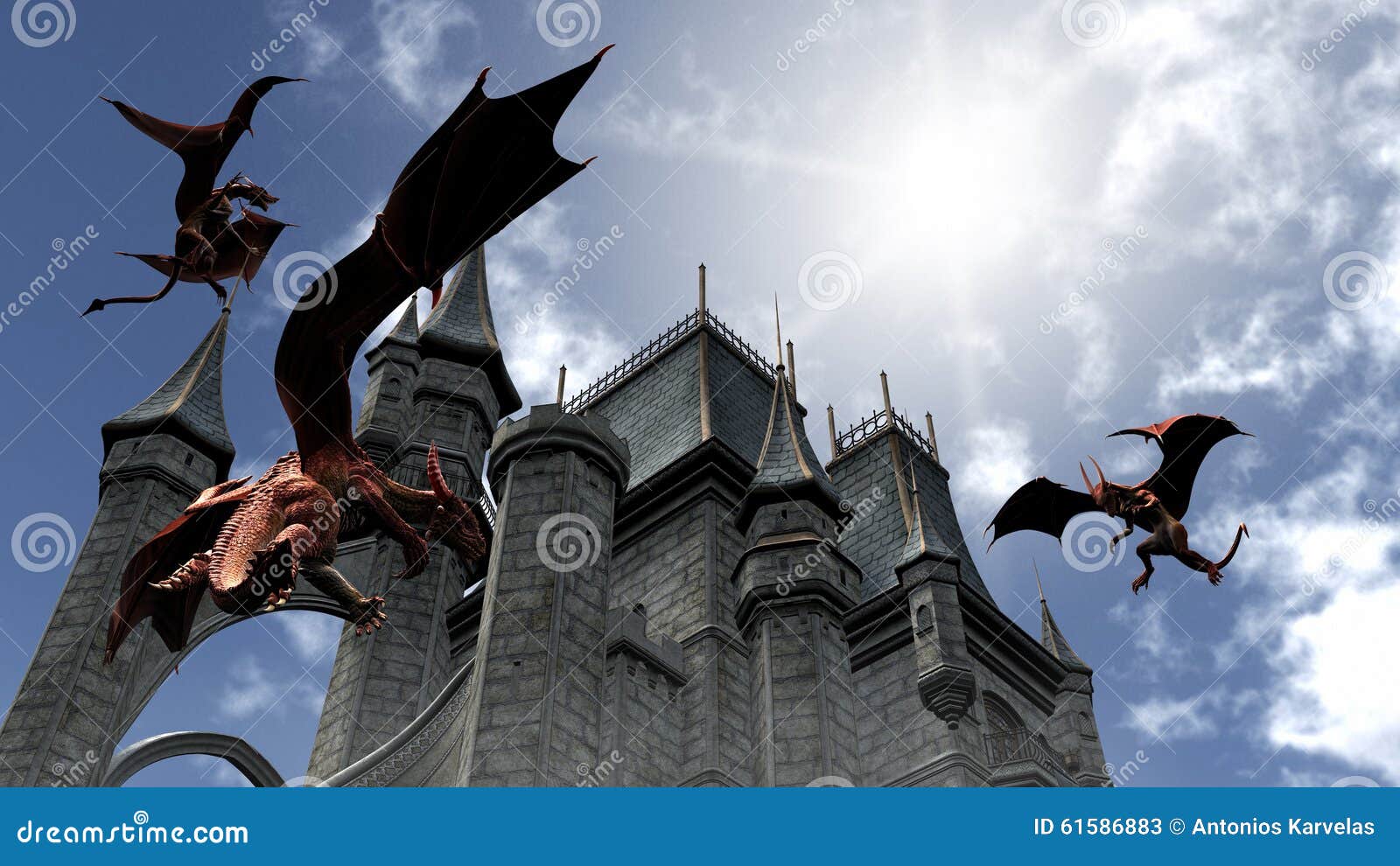 three red dragons attacking the castle