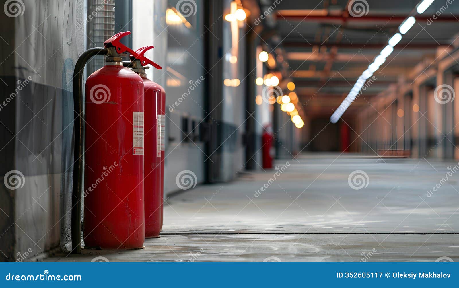 three red fire extinguishers in hall. space for text