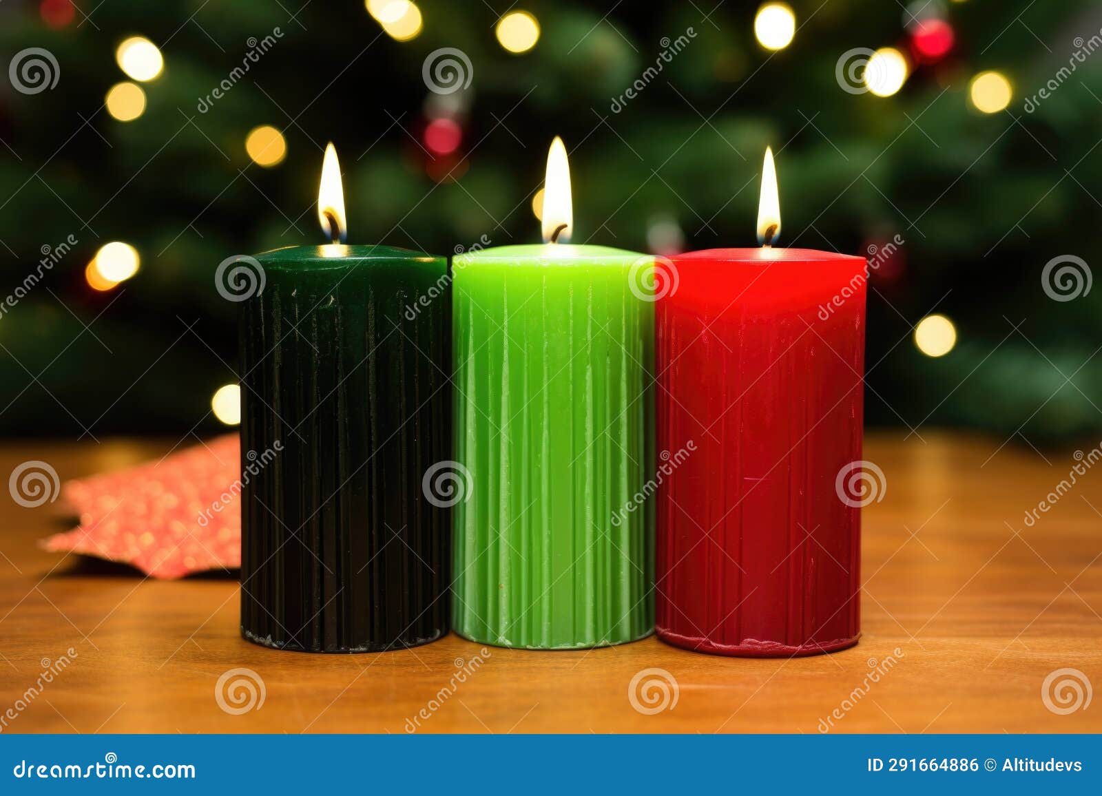 Three Red, Three Green, and One Black Kwanzaa Candle Stock Photo