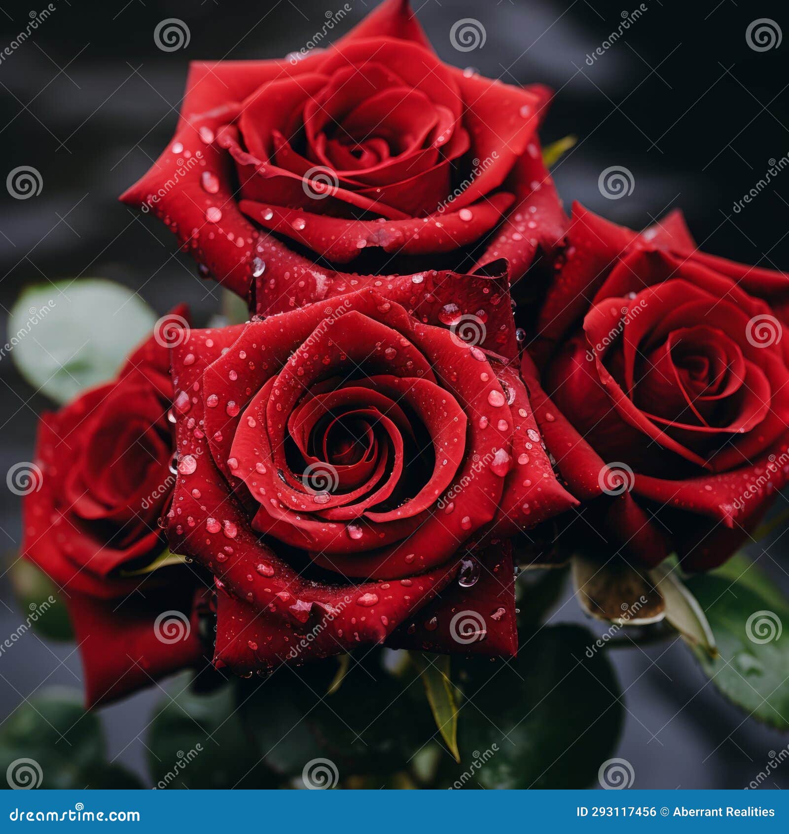 Three Red Roses with Water Droplets on Them Stock Illustration