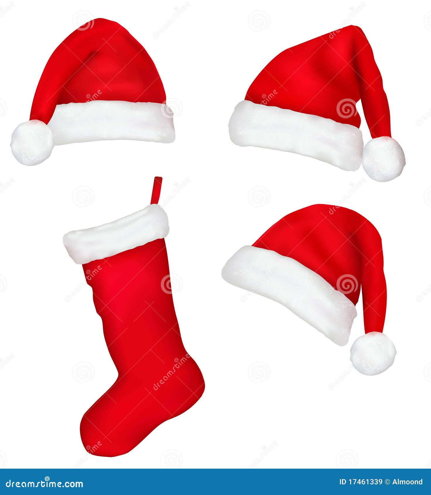 three red santa hats and christmas stocking.