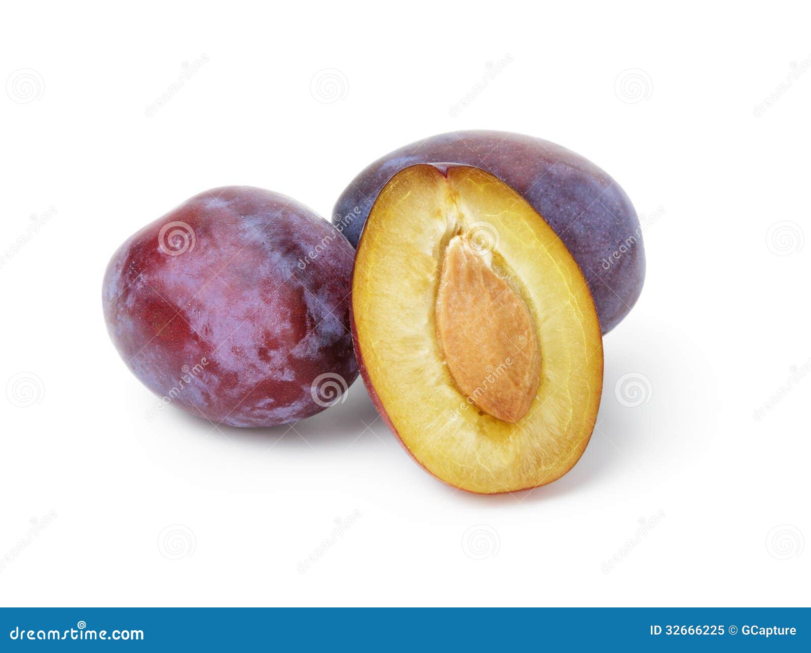 Three ripe plums stock image. Image of prune, background 32666225