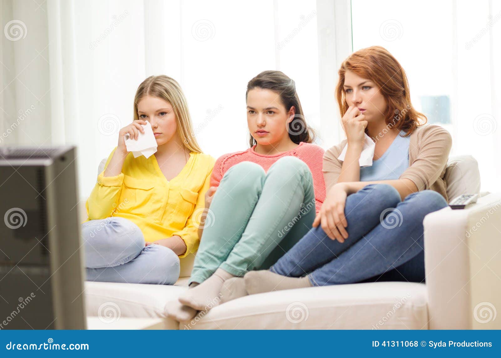 Three Sad Teenage Girl Watching Tv at Home Stock Photo - Image of ...
