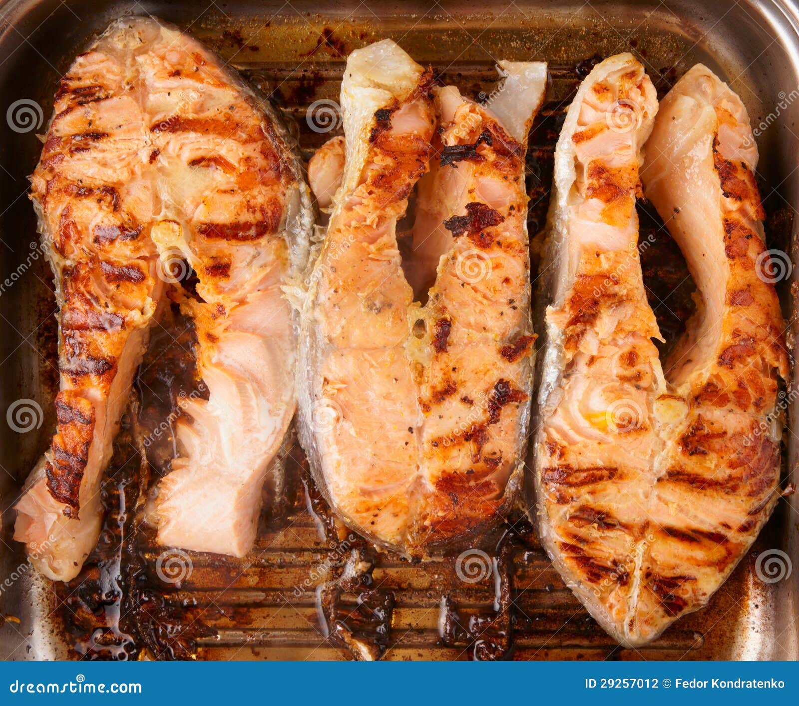 Three Salmon Steaks Fried on Grill Pan Stock Photo Image of steak, closeup 29257012