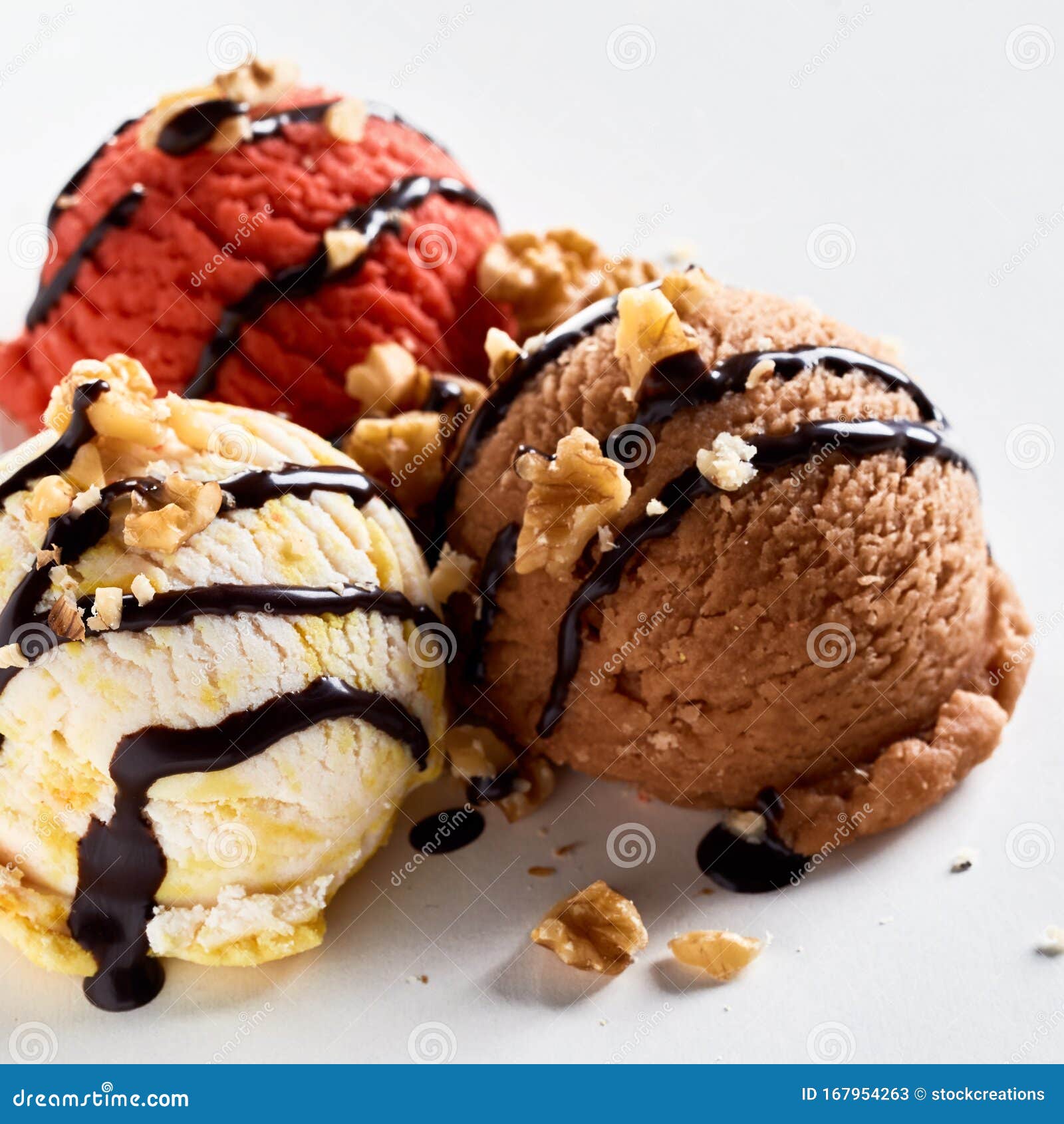 Three Scoops of Flavored Frozen Ice Cream Stock Image Image of chopped, selective 167954263
