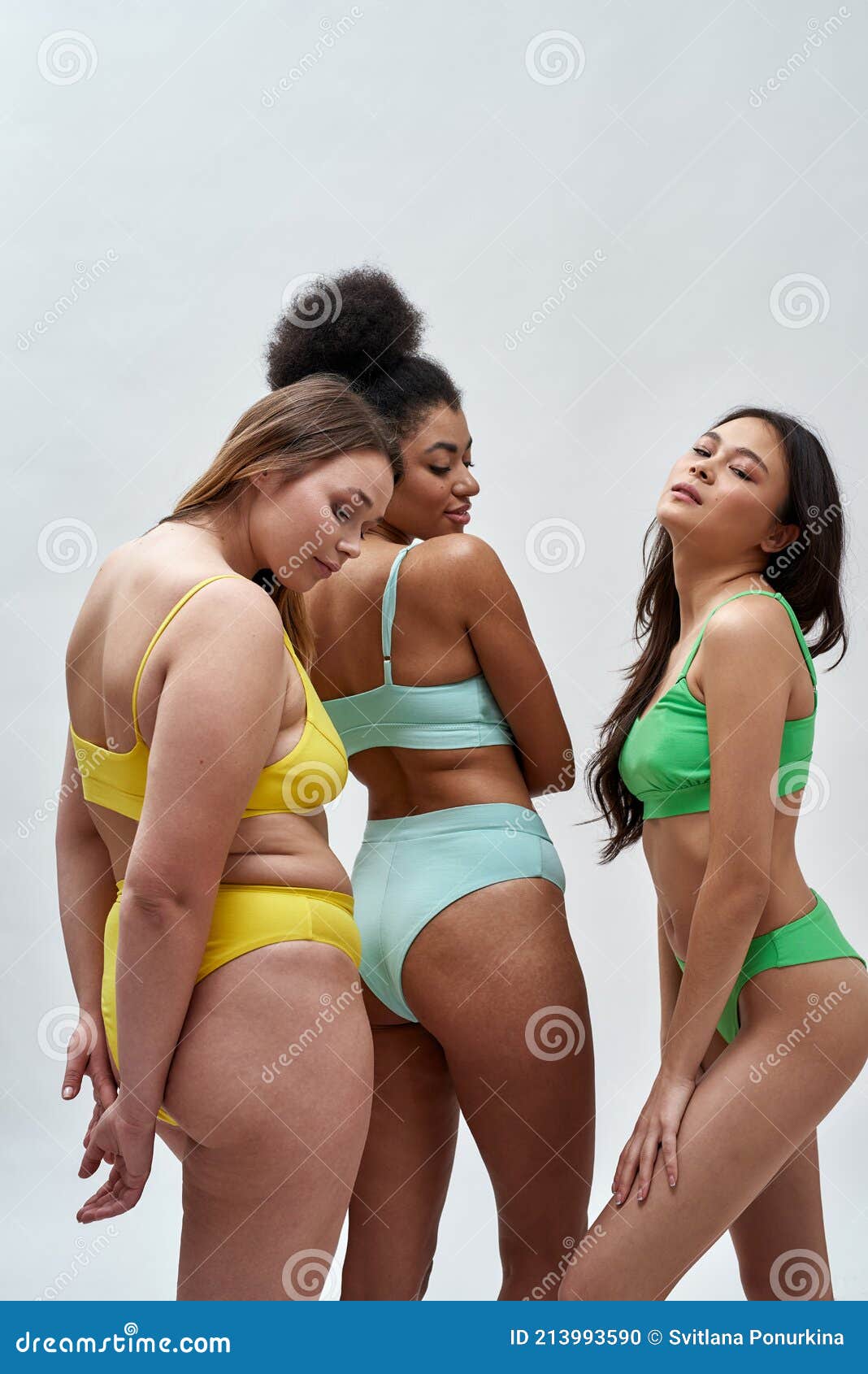 Three Young Women with Different Body Shapes in Colorful Underwear Posing  Together Isolated Over Light Background Stock Photo - Image of beautiful,  isolated: 213993590