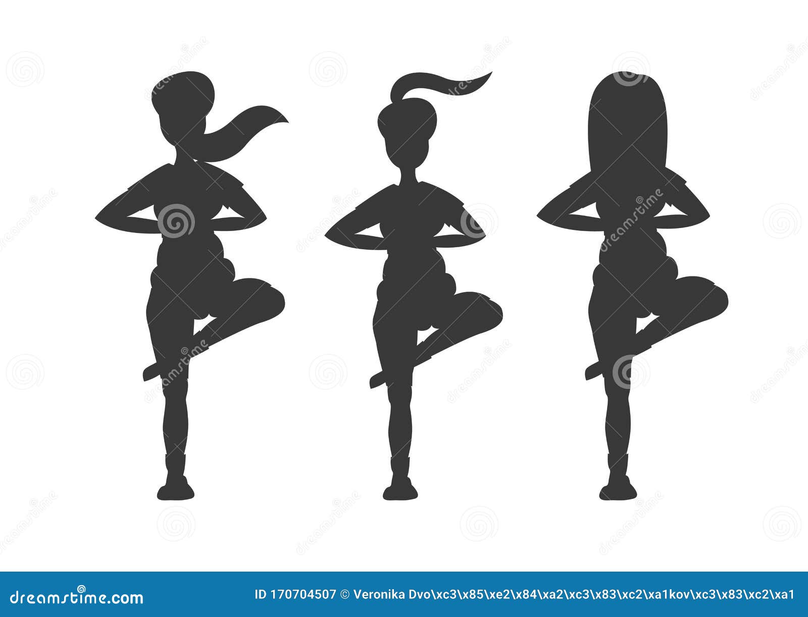 Three Silhouettes of Woman Practicing Yoga. Tree Pose, Vrikshasana Pose