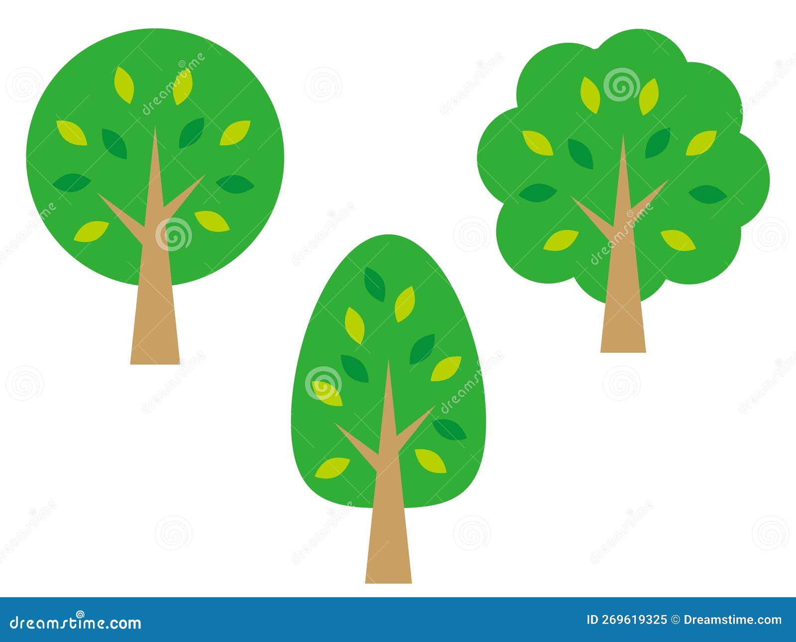 three simple tree icons. trees with rounded, cloud-d, and triangular leaves