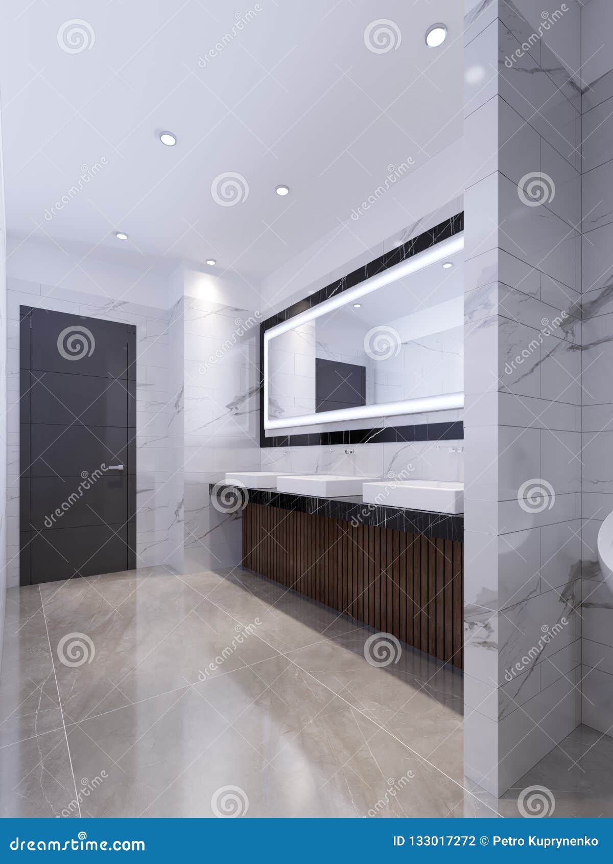 Three Sinks on the Marble Black Countertop and a Large Mirror in the ...