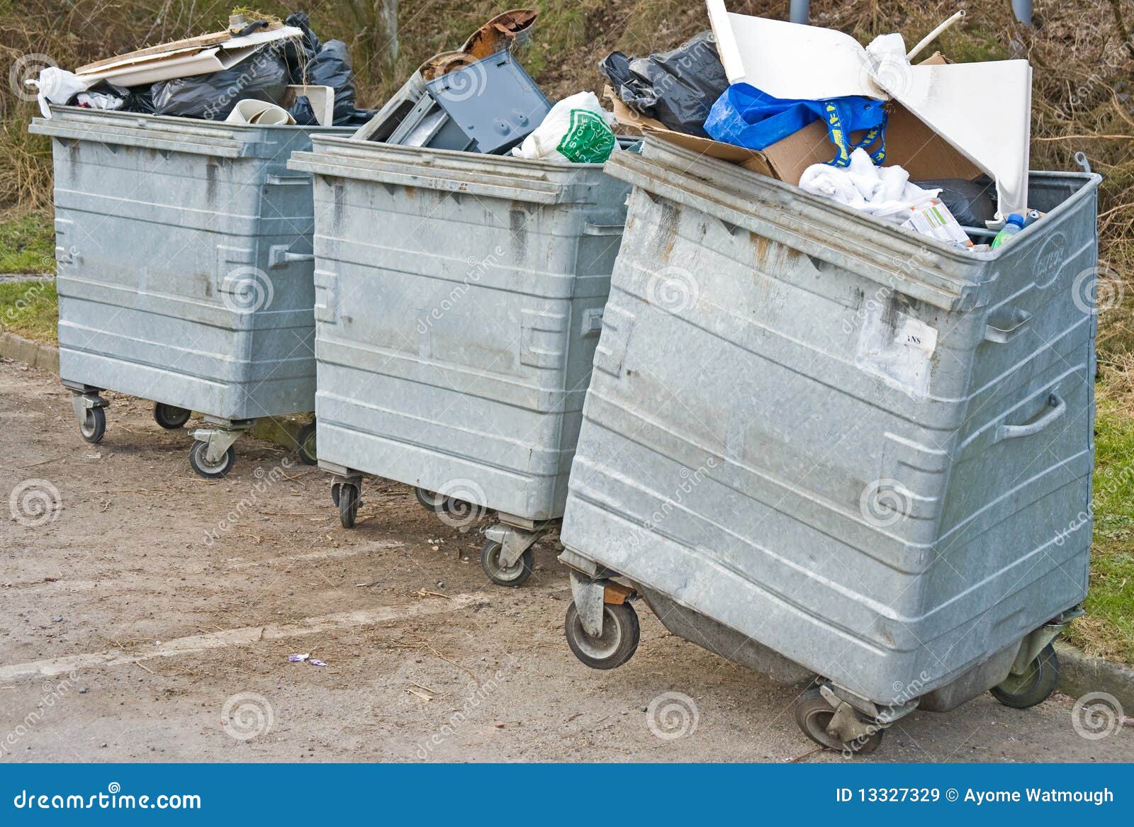 Three Skips Overflowing with Rubbish. Stock Image Image of global