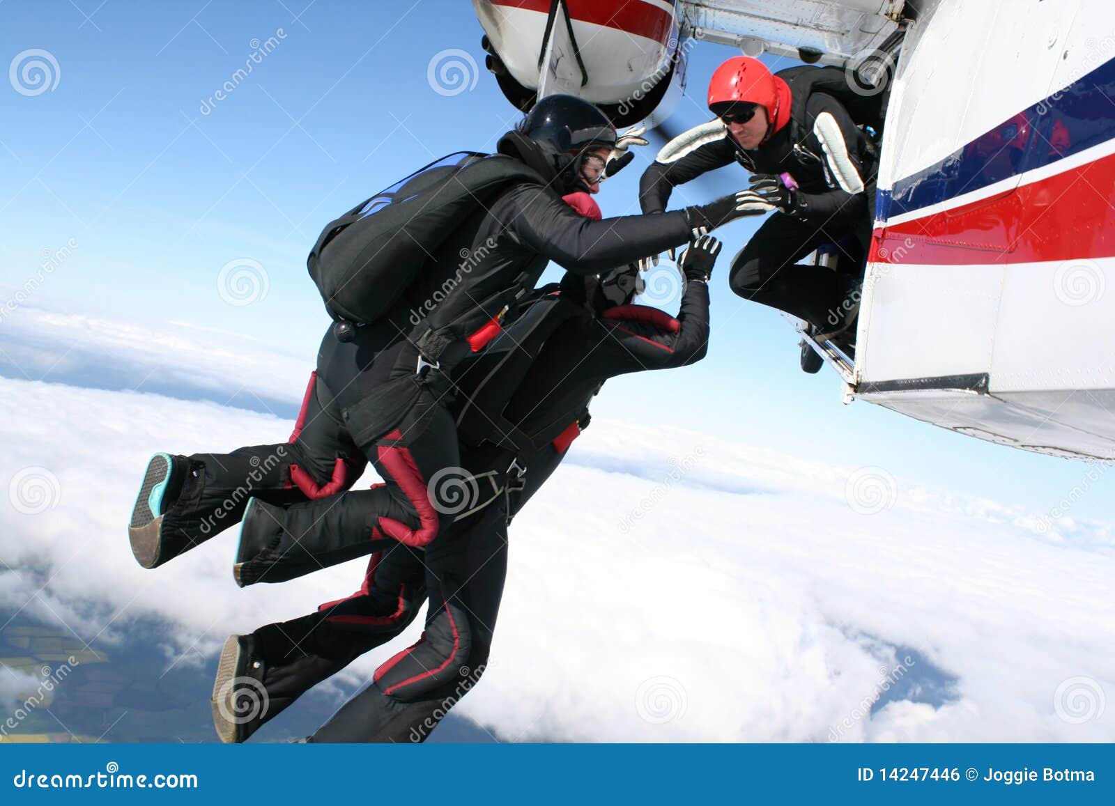 Three Skydivers Jump from a Plane Stock Photo Image of extreme