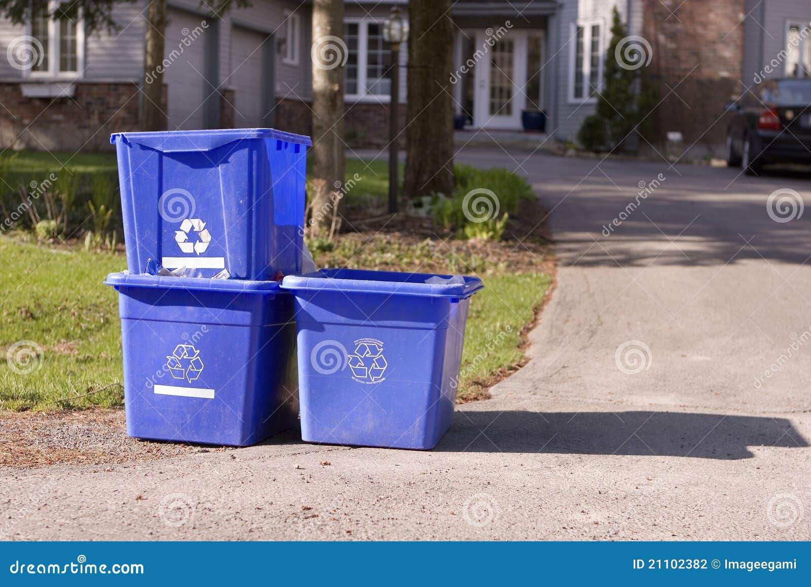 Three Small Recycle Bins on Curb Stock Photo Image of road, container