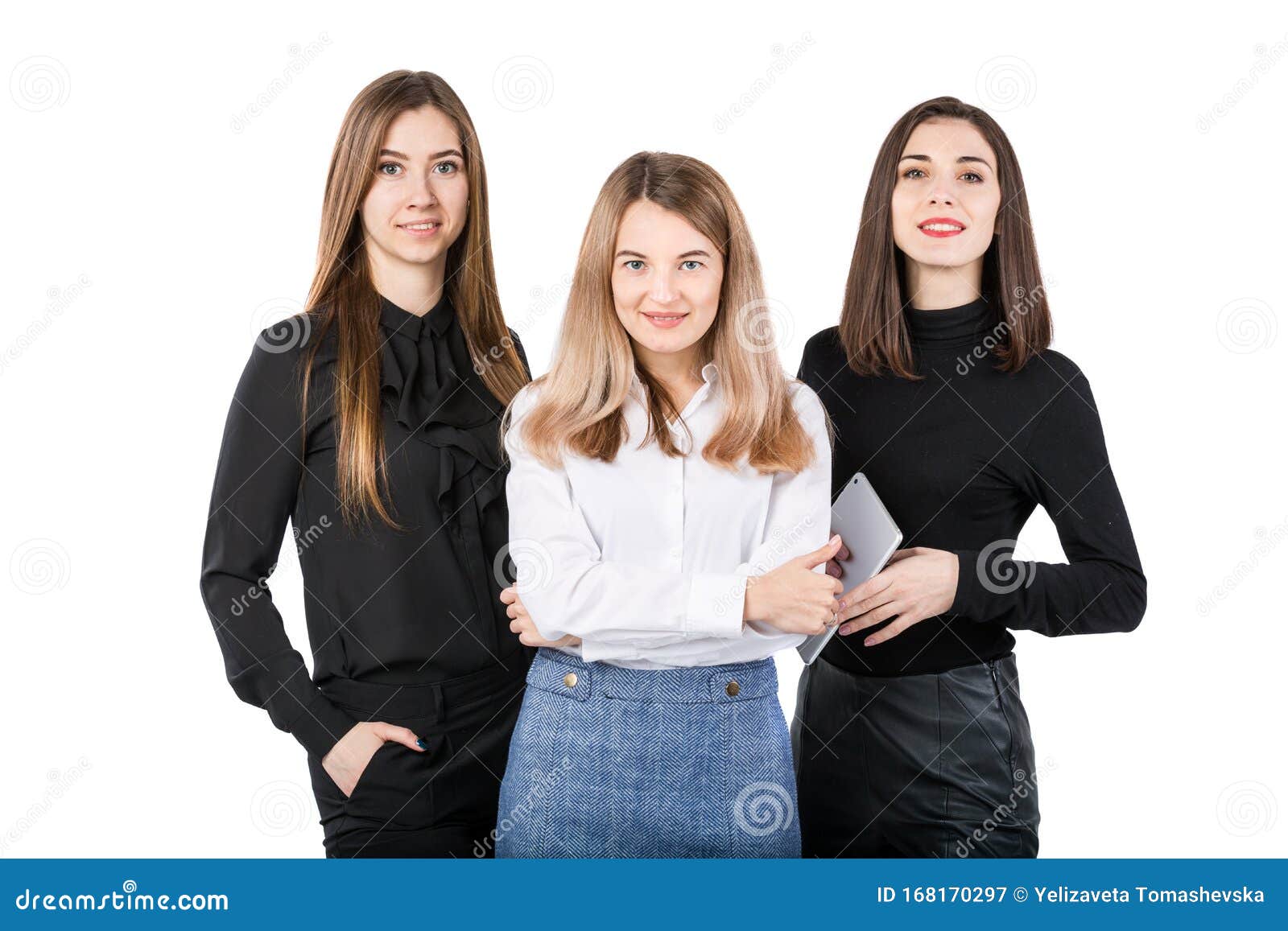 Three Smiling Business Women Standing In A Row Isolated On White