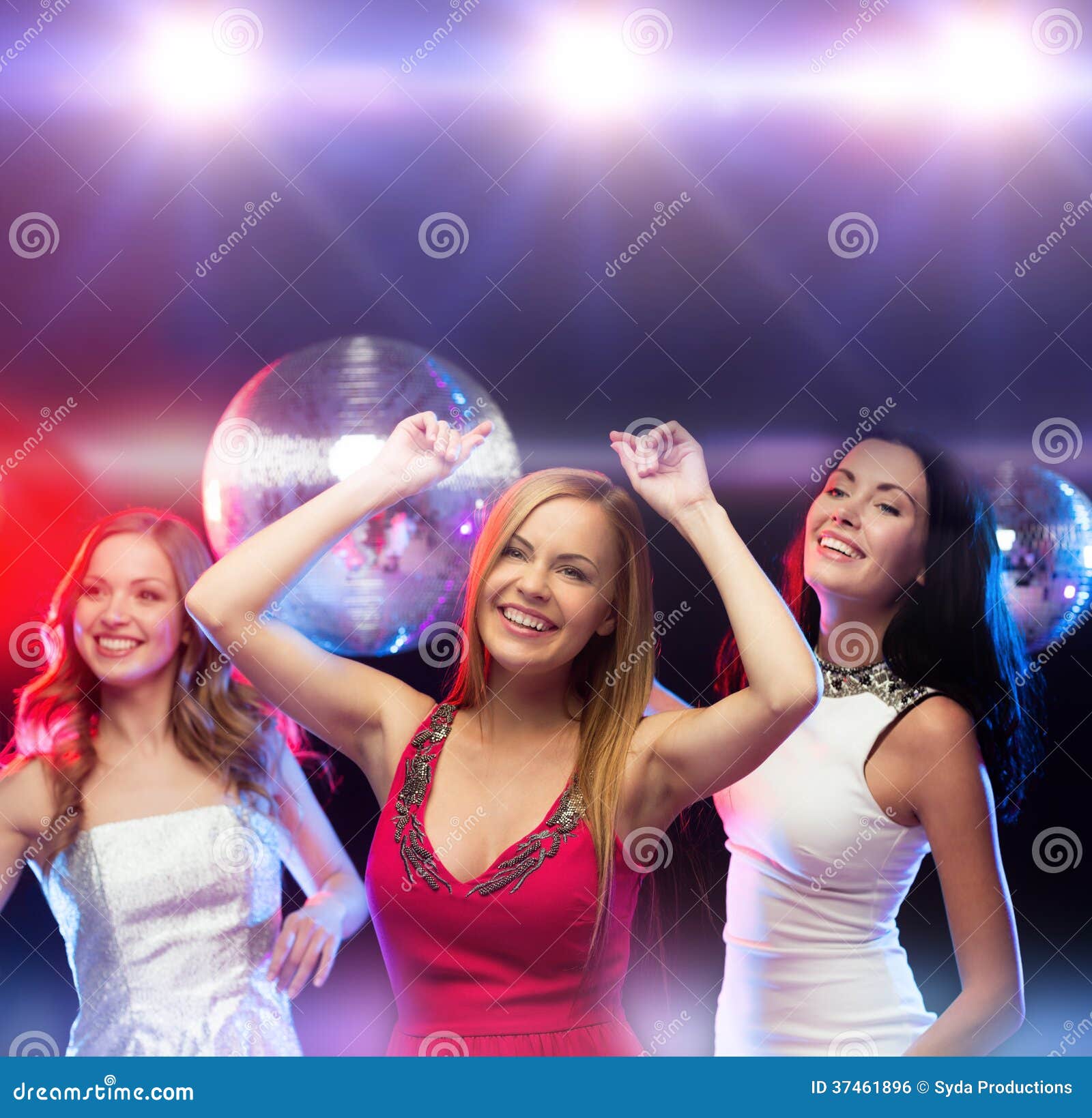 Three Smiling Women Dancing in the Club Stock Photo - Image of ball ...