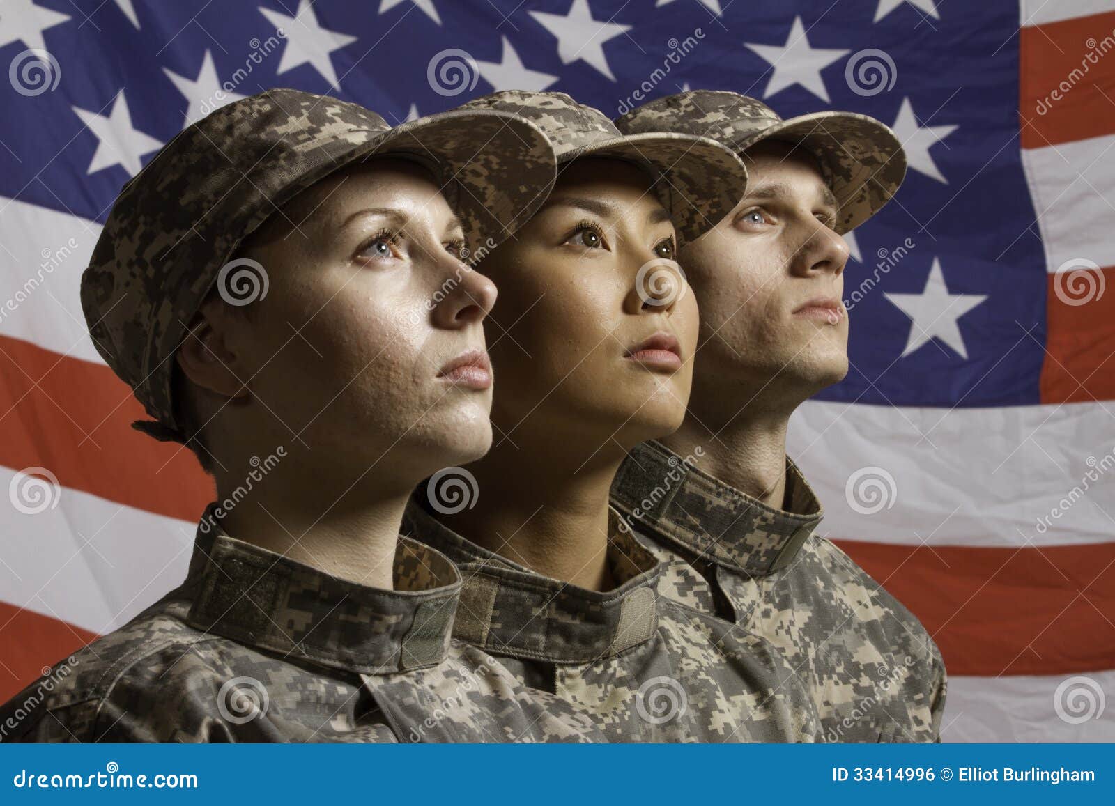 Three Soldiers Posed In Front Of American Flag Horizontal