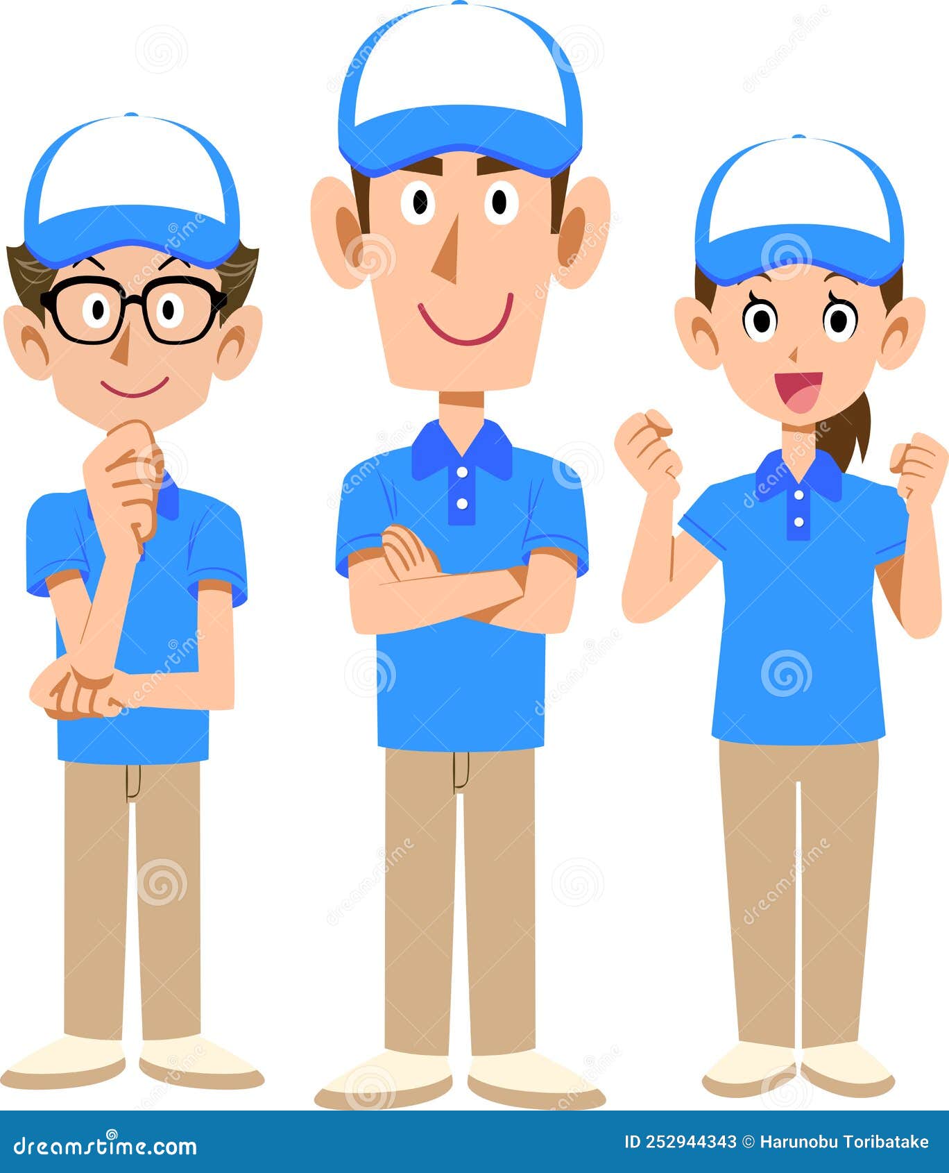 Three Staff Wearing Caps and Polo Shirts Stock Vector Illustration of