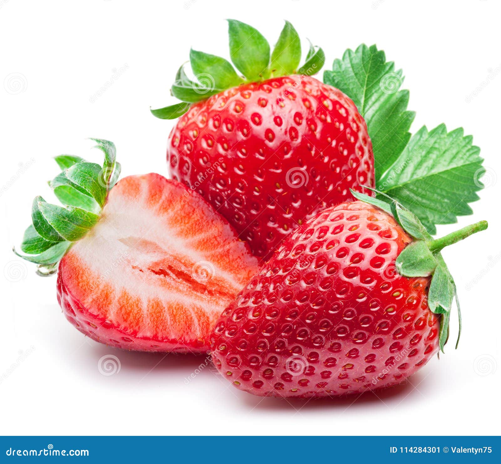 three strawberries with strawberry leaf on white background.