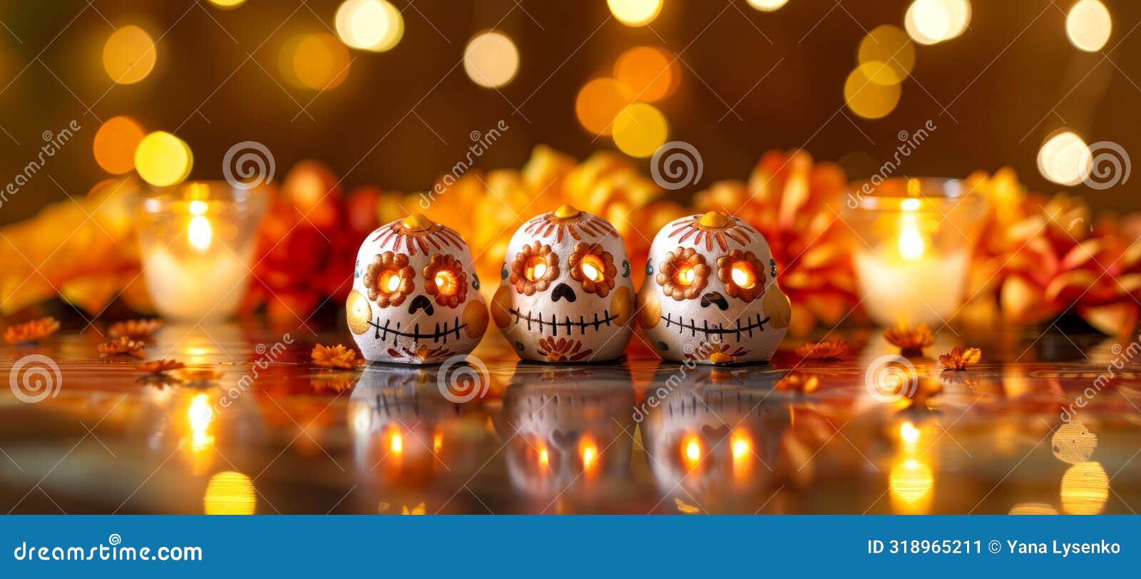 three sugar skulls with candles and marigolds for day of the dead. sugar skulls in a festive dia de los muertos scene