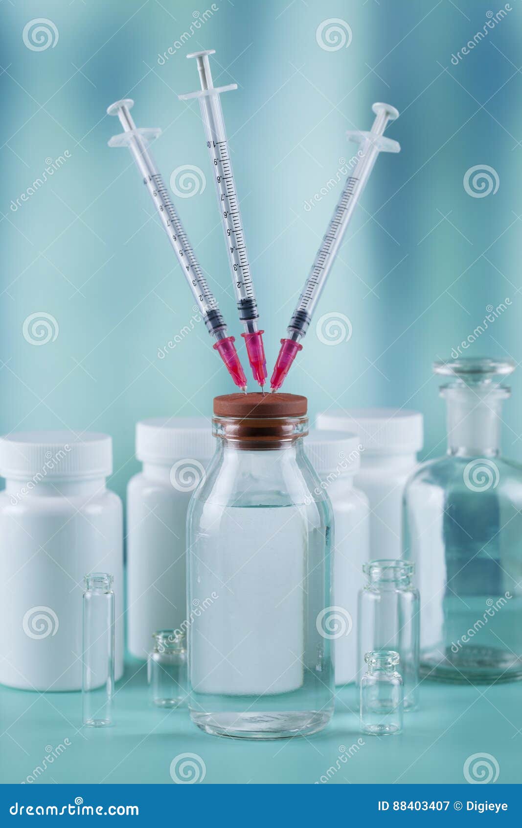 Three Syringes in a Glass Medicine Bottle Stock Image Image of pills