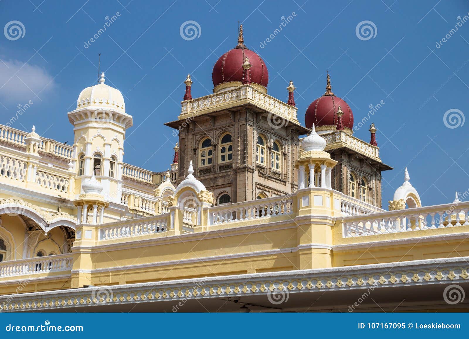 towers of mysore palace with red domes, mysore, india