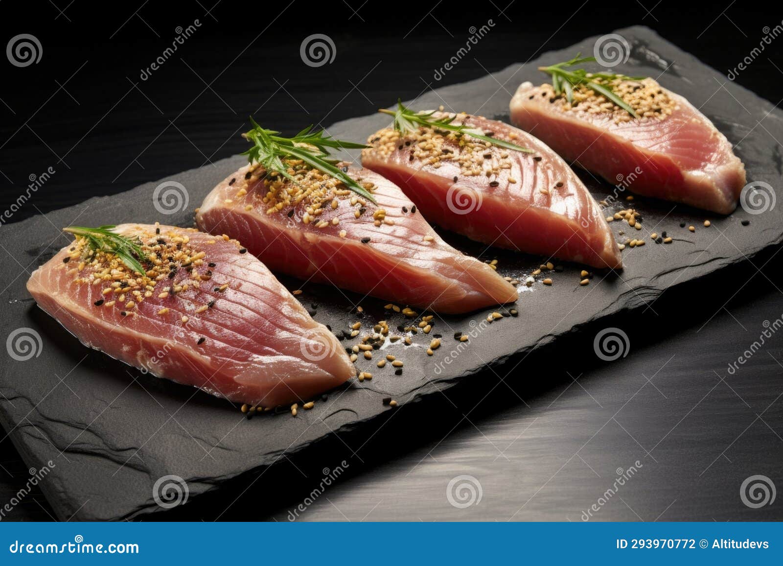 Three Tuna Steaks with Sesame Seeds on a Black Slate Board Stock Photo