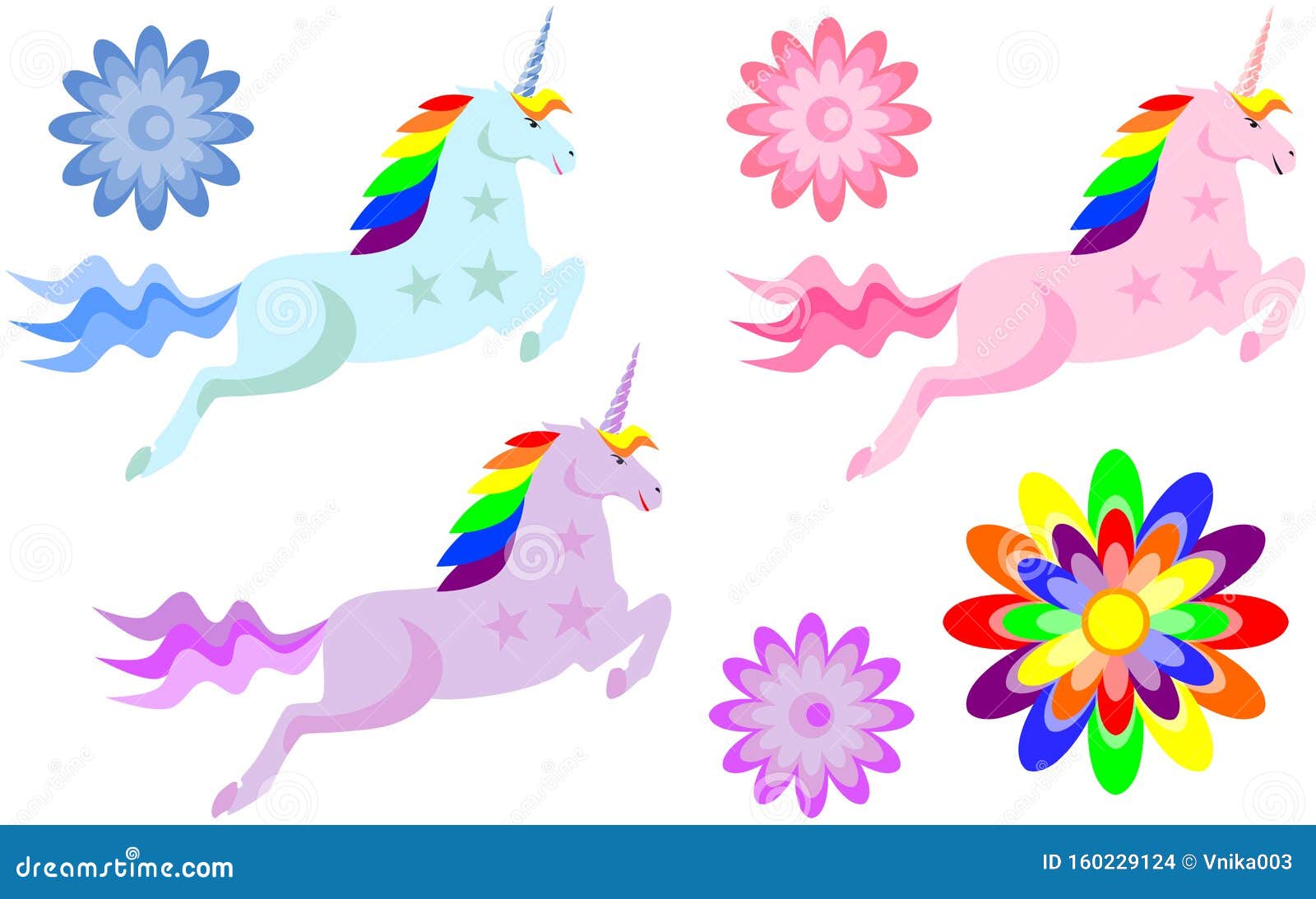 Three Unicorns of Different Colors with a Mane of Rainbow Colors Stock