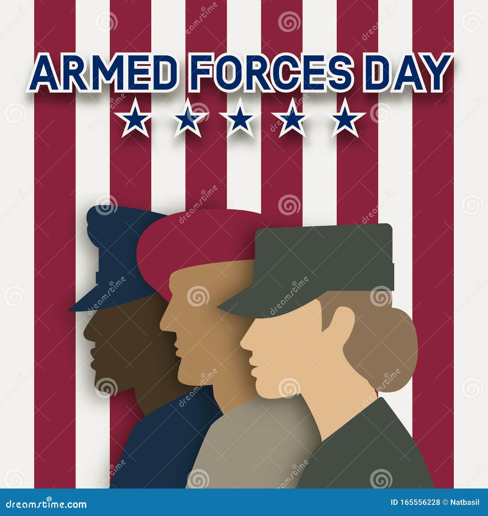 three uniformed soldiers on striped background. armed forces day card