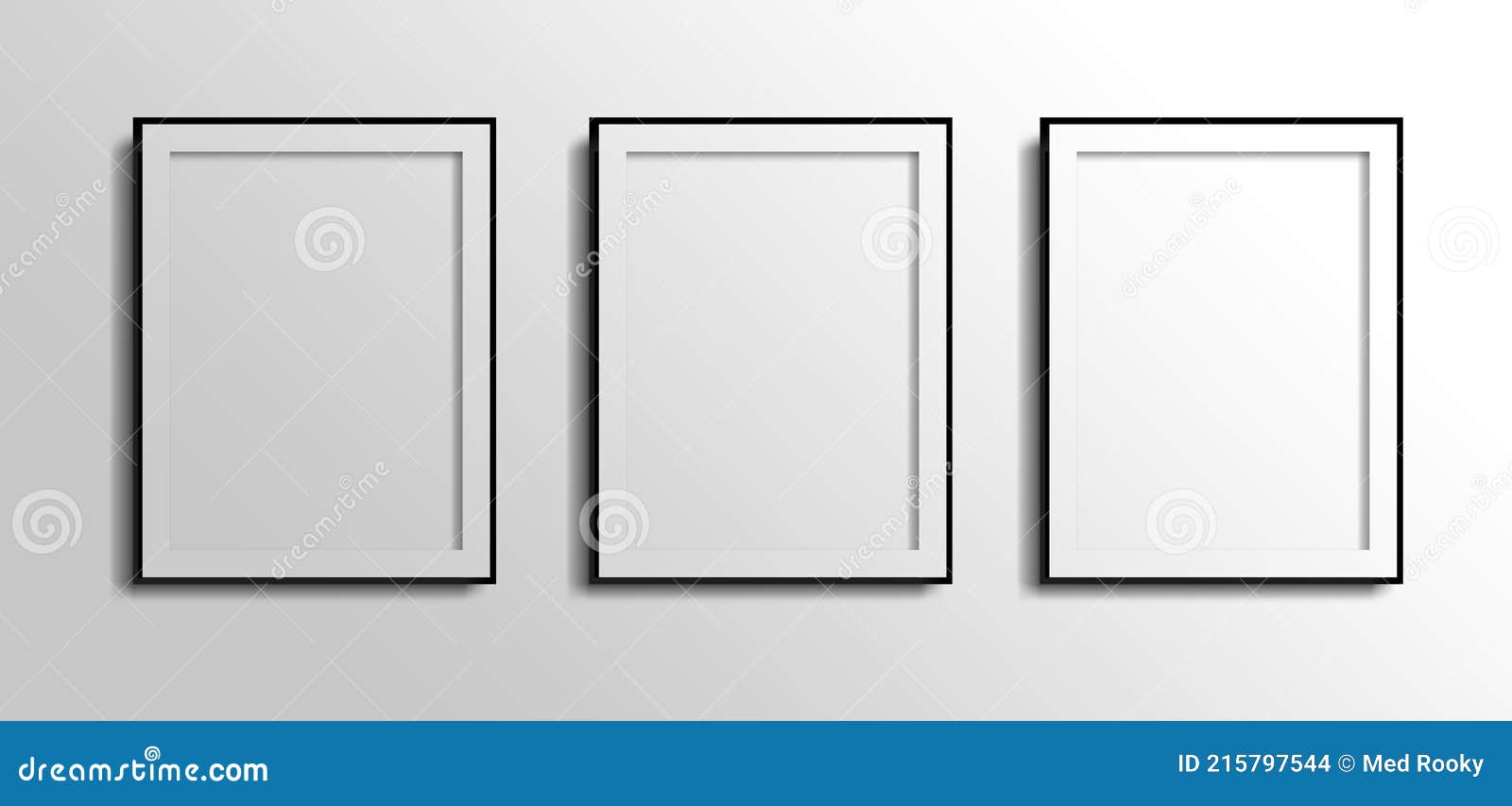 three vertical fotos frames, 3d white blank on grey white wall with black borders. 3 fotos